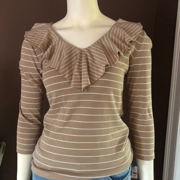 Lauren by Ralph Lauren Tops - RALPH LAUREN Ruffled Collar Striped Cotton Tee